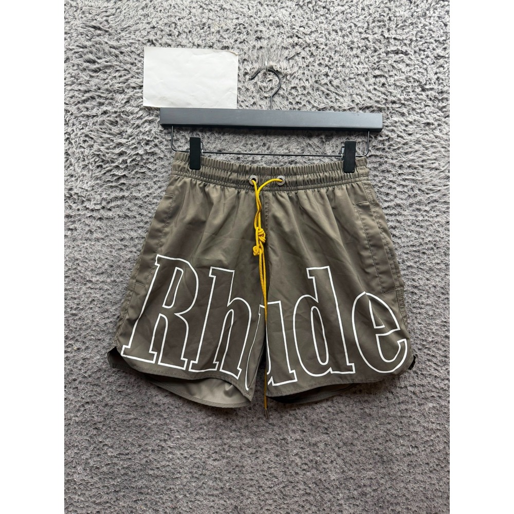 Rhude RH Logo Drawstring Elastic Waist Swim Trunks Olive Green Mens Size XS